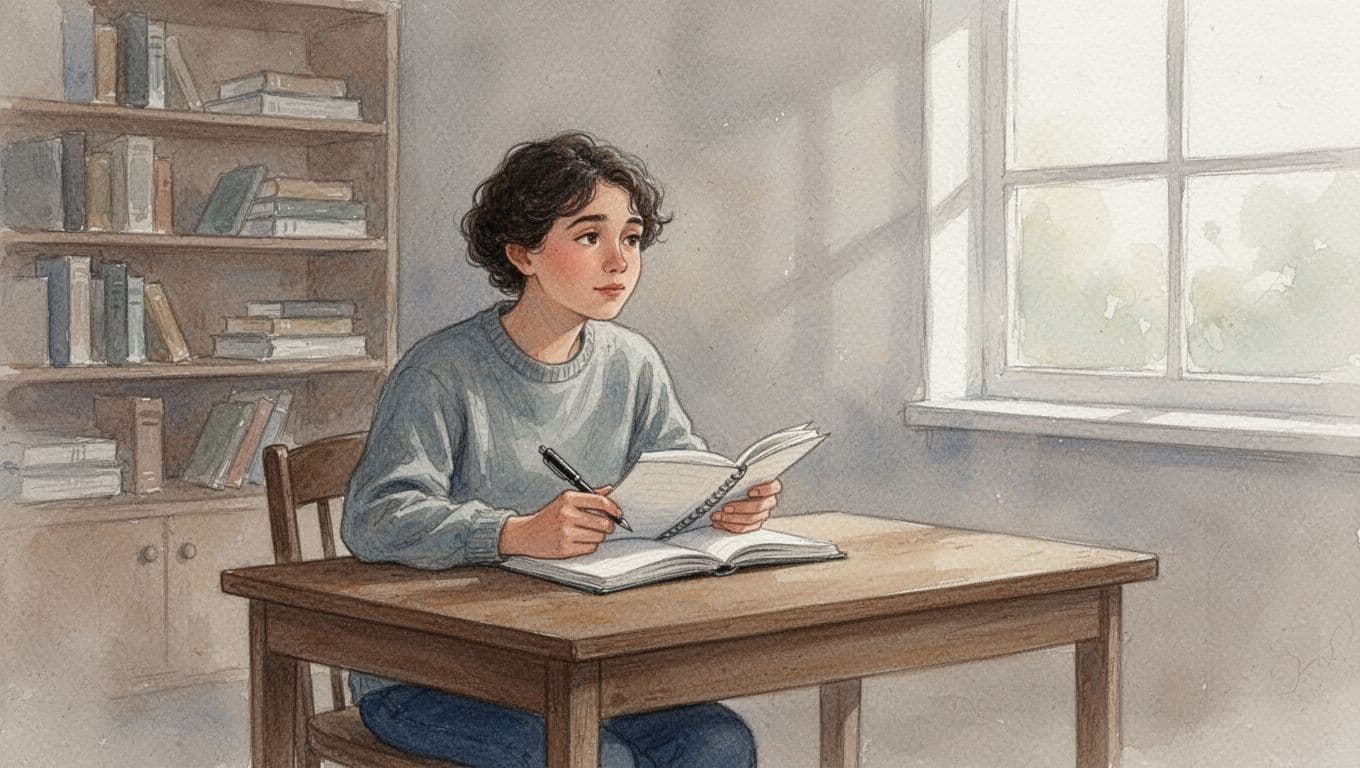 A single person sits alone at a simple wooden desk in a quiet cozy room with bookshelves, holding an open notebook and pen, pausing to reflect thoughtfully with a soft expression under natural window light. Watercolor style features soft blending, visible brush texture, and neutral warm tones.
