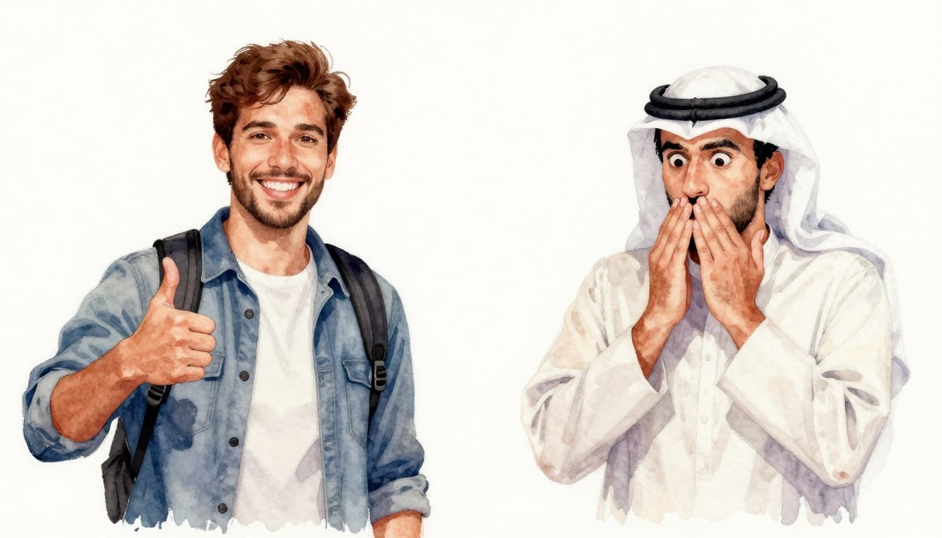 Watercolor painting in soft blending style with visible brush texture: split composition showing left side a smiling American traveler giving thumbs-up approvingly, right side a shocked Middle Eastern local reacting negatively.