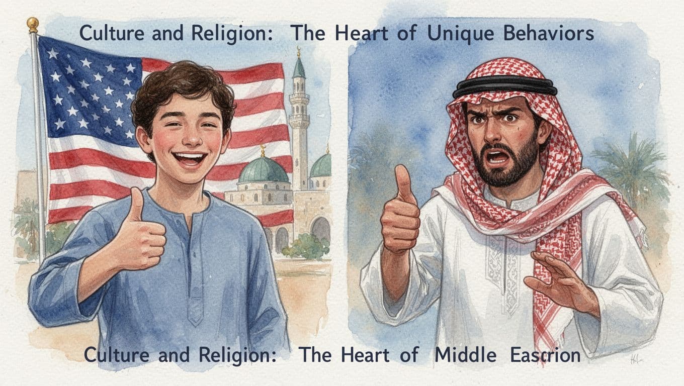 Watercolor illustration showing a happy thumbs-up gesture in an American context contrasted with offense in a Middle Eastern setting, emphasizing cultural norm variations. Soft blending, visible brush textures, cool blues and earth tones with simple backgrounds.