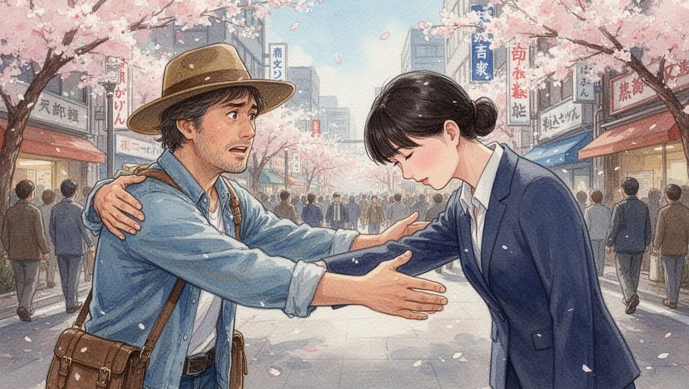 Confused Western tourist extends arms for a hug while a polite Japanese local performs a deep bow on a busy Tokyo street with cherry blossoms, watercolor style close-up on gestures.