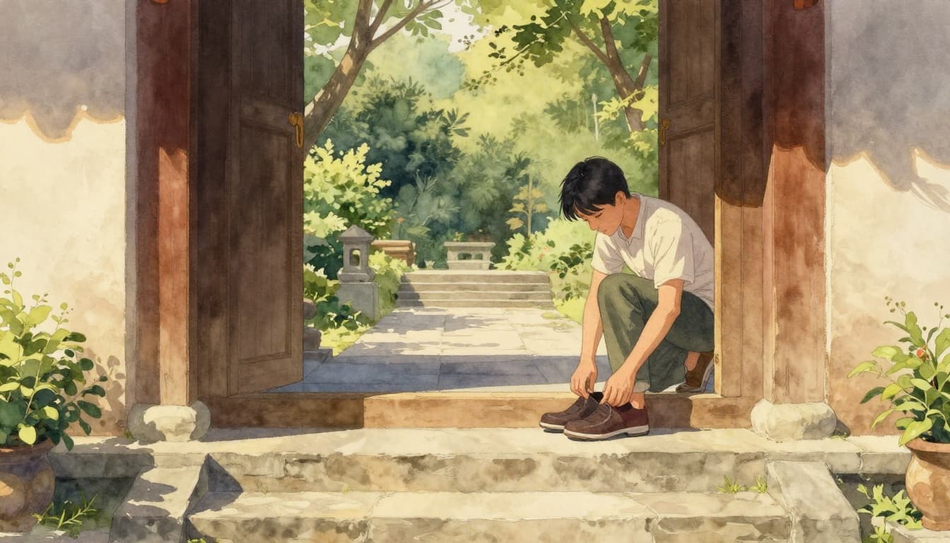 Serene temple entrance featuring a traveler removing shoes on stone steps amid a lush garden background, rendered in watercolor style with soft blending, golden hour lighting, and earth tone palette.