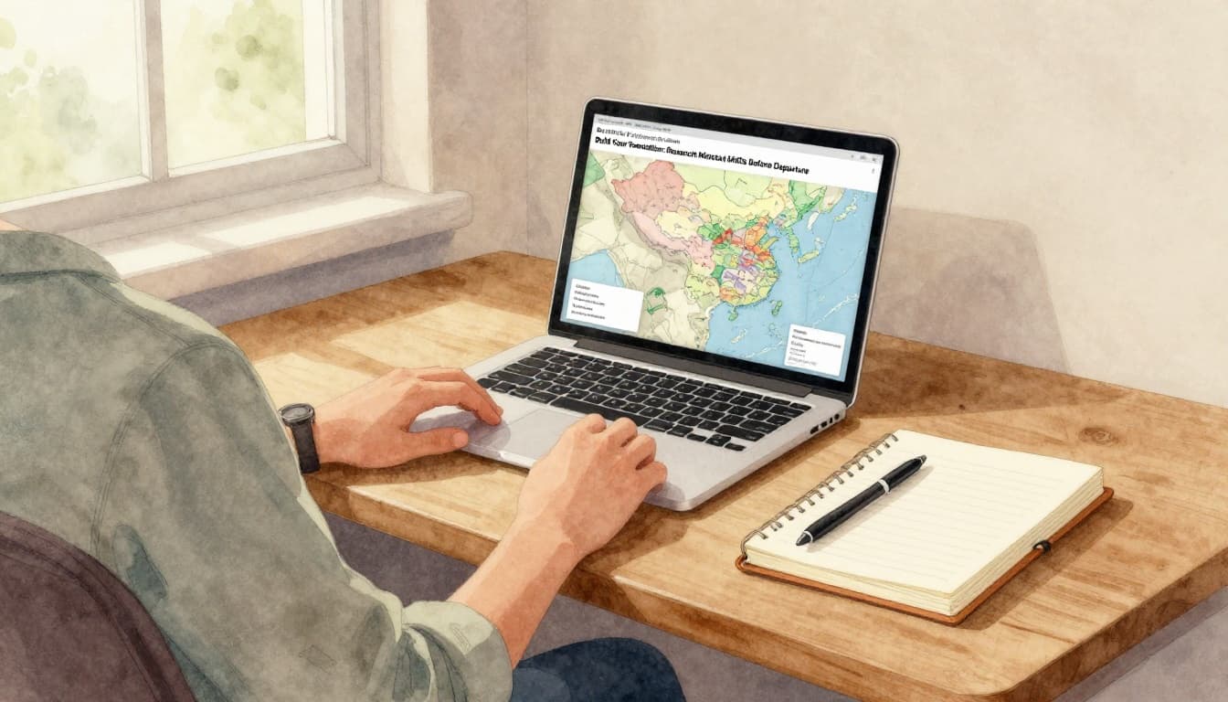A relaxed traveler seated at a simple wooden desk in a cozy room, with an open laptop displaying a blurred cultural map and nearby notebook and pen, captured in watercolor style with soft earth tones and natural daylight.