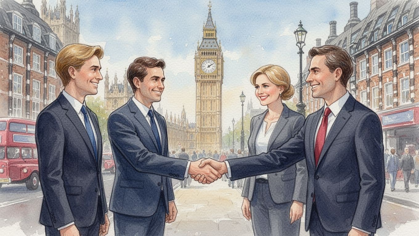 Group of four business-attired people on a London street exchanging two firm handshakes with eye contact, Big Ben softly in background, watercolor style with brush textures and even daylight.