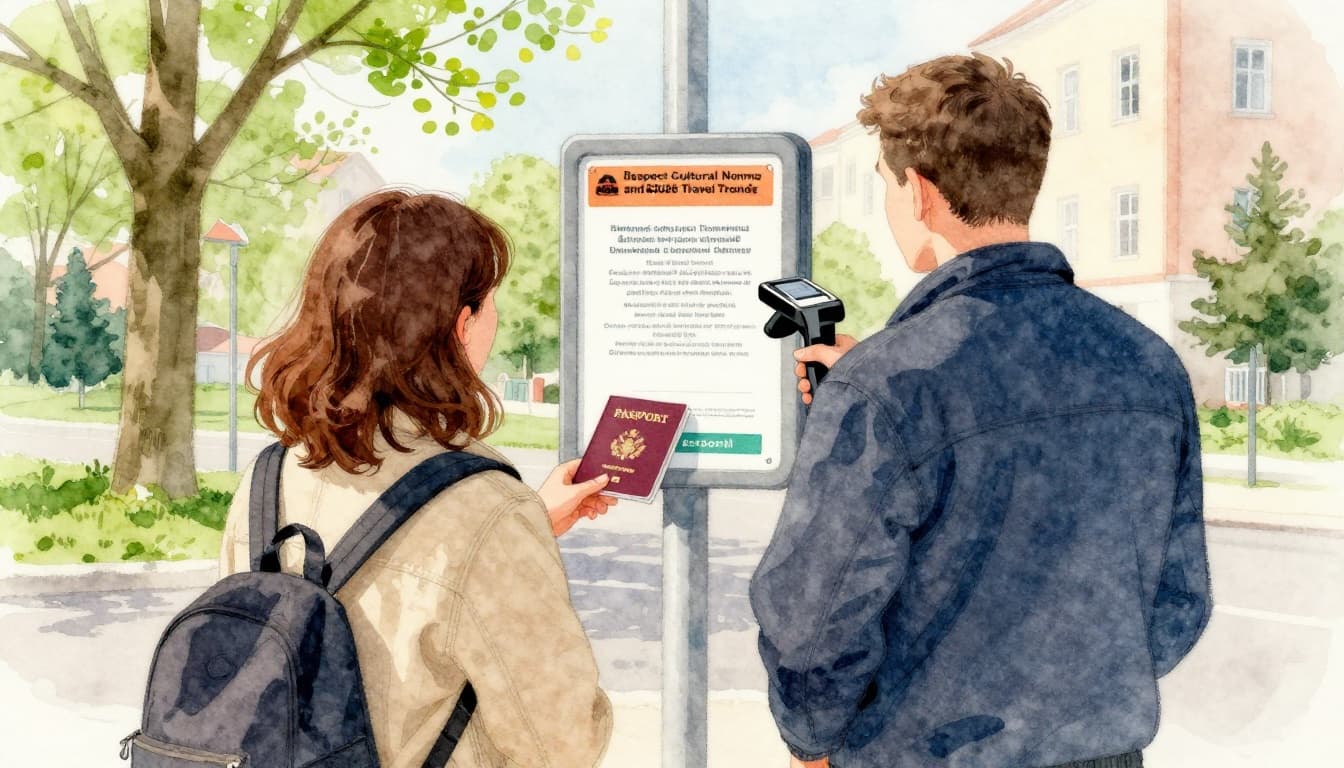 US traveler showing passport at European border control with biometric scanner and spring scenery outside, in watercolor style with soft blending and brush texture.