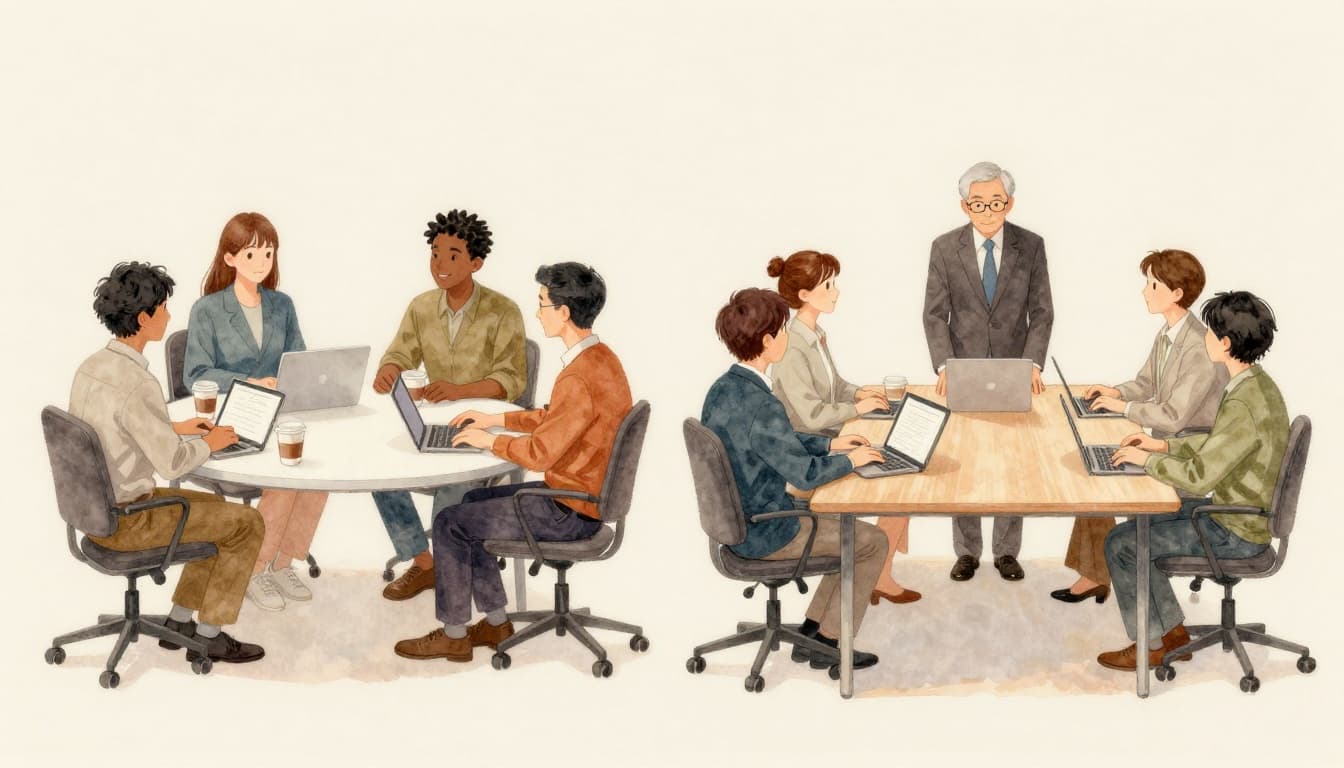 Split composition contrasting egalitarian USA office team brainstorming casually with hierarchical Japanese team led by senior boss, in watercolor style.