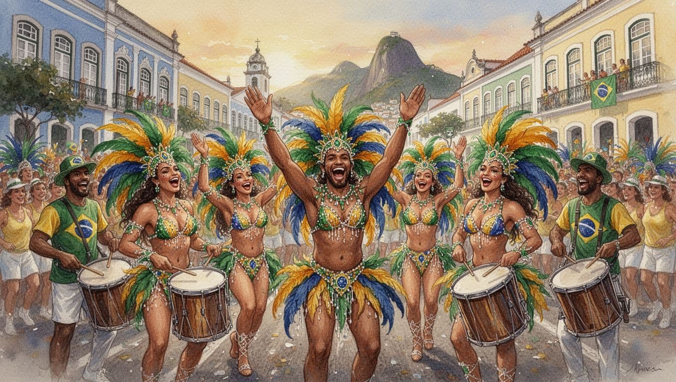 Joyful group of six dancers in colorful feathered costumes and samba musicians celebrate at a vibrant Brazilian carnival street festival in Rio de Janeiro, captured in dynamic watercolor style with warm golden hour lighting and soft brush textures.