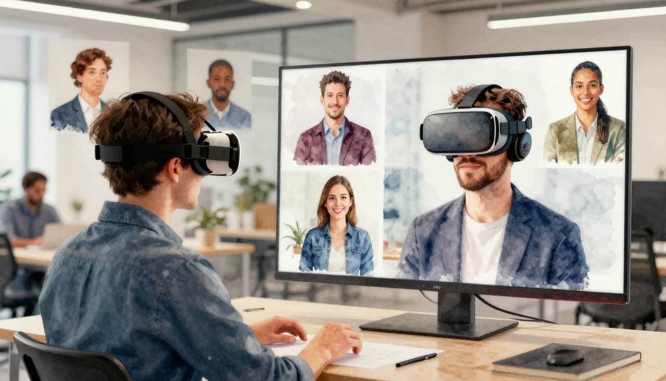 A single person in a modern office uses a VR headset for cultural training, interacting with virtual diverse colleagues, rendered in watercolor style with soft blending and brush texture.