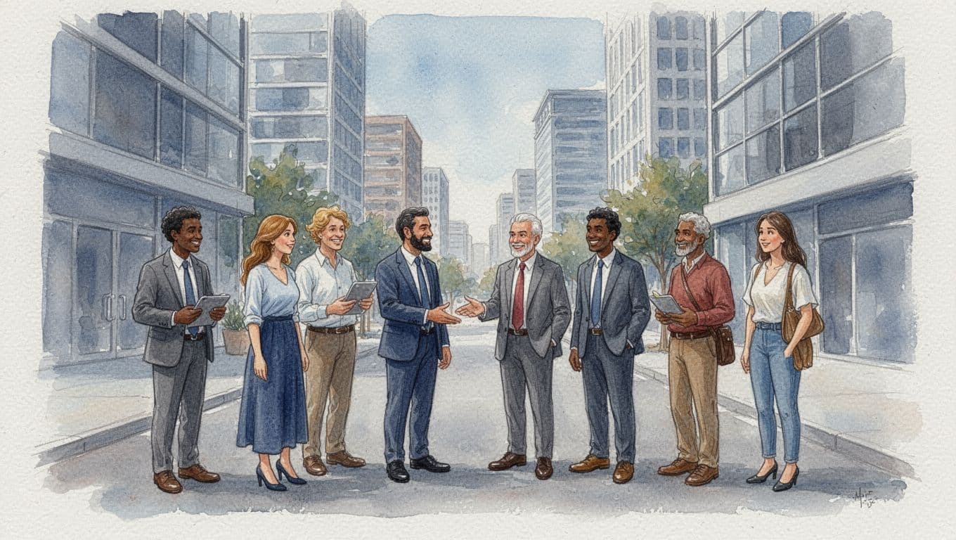 Watercolor scene of five diverse people from different economies interacting casually yet respectfully on a modern city street, featuring soft blending, brush textures, cool blues, and earth tones.