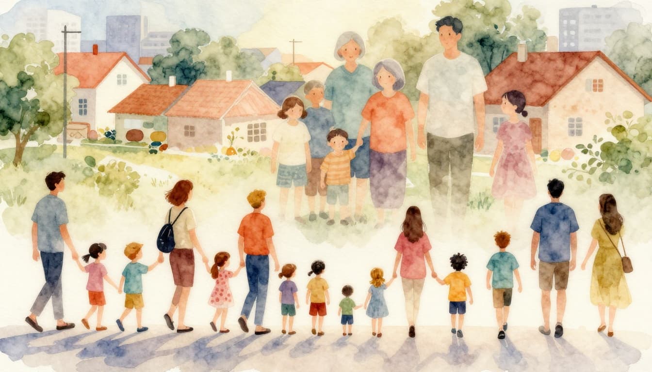 Watercolor painting showing diverse global families transitioning from larger traditional extended families in villages (background) to smaller modern nuclear families walking in a city (foreground), symbolizing worldwide trends toward smaller family sizes with soft day-to-dusk lighting.