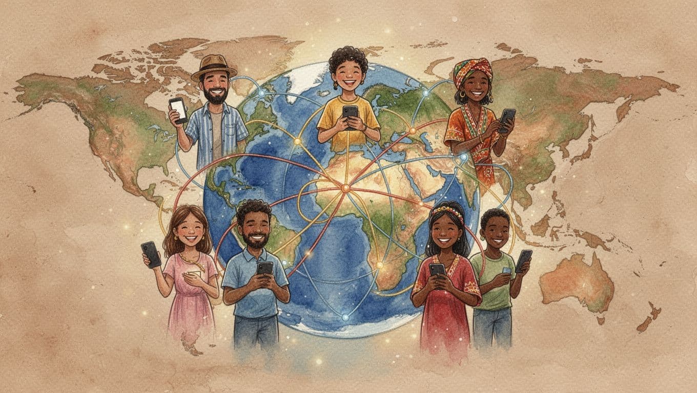 Watercolor globe with threads linking five smiling people from diverse cultures holding smartphones, evoking global social media connections on a world map with soft glow.