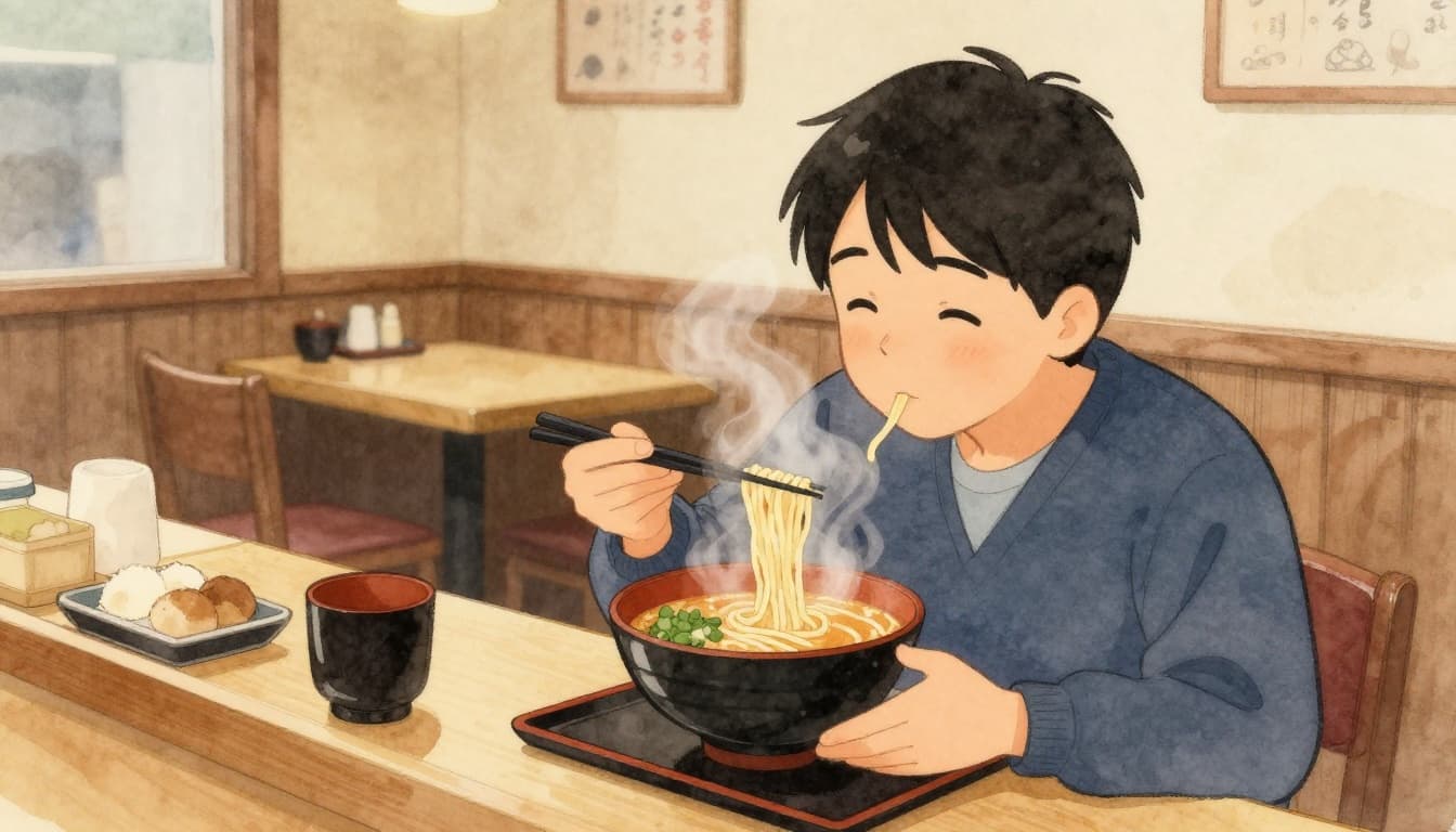 Watercolor illustration of a Japanese diner joyfully slurping hot ramen noodles with chopsticks at a cozy counter, steam rising, warm lighting, and content expression.