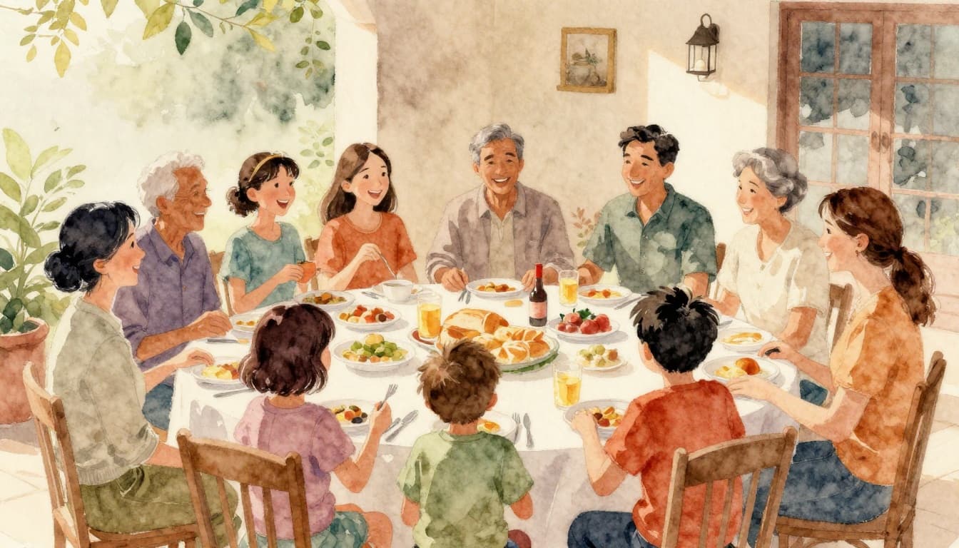 Watercolor style painting featuring a large multi-generational family of exactly 12 people sharing a joyful meal around a long table in a sunny home courtyard, with soft blending, visible brush textures, and an earthy warm palette.