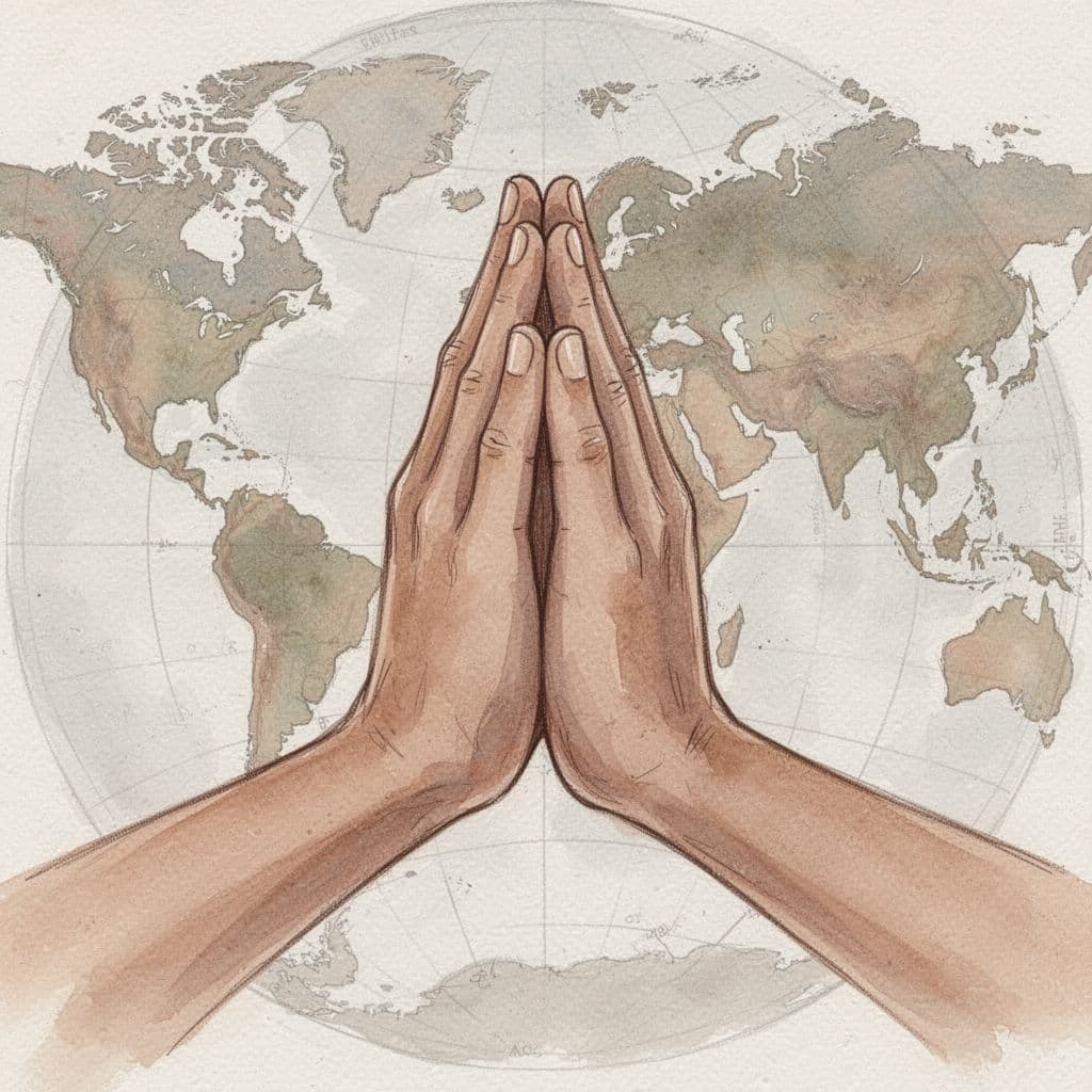 Close-up of two hands in a gentle palms-together bow gesture, watercolor style with soft blending, earth tones, and subtle neutral background.