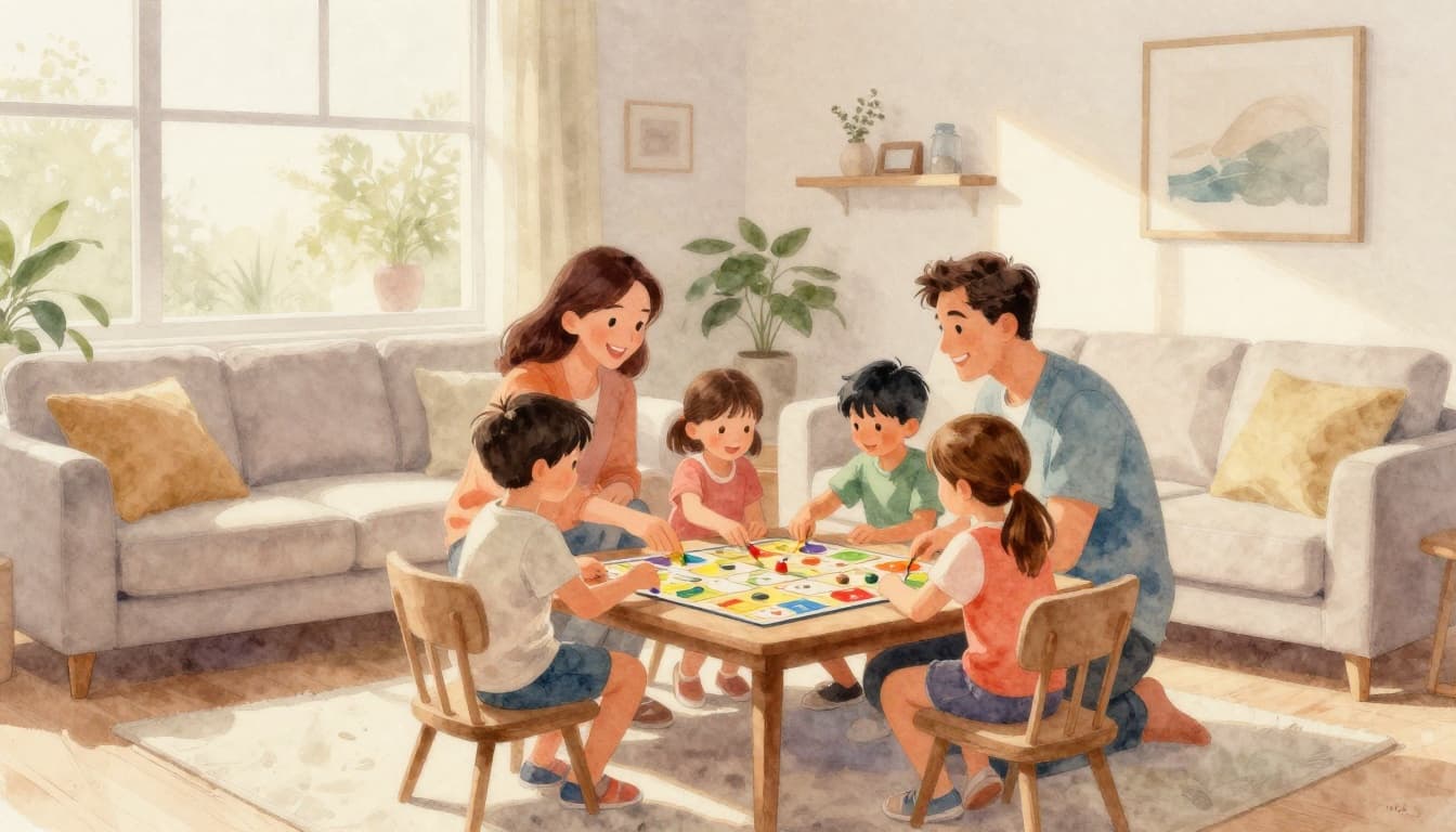 Watercolor painting of a mother, father, and two young children (boy and girl aged 5-10) happily playing a board game around a table in a modern living room with warm afternoon light.