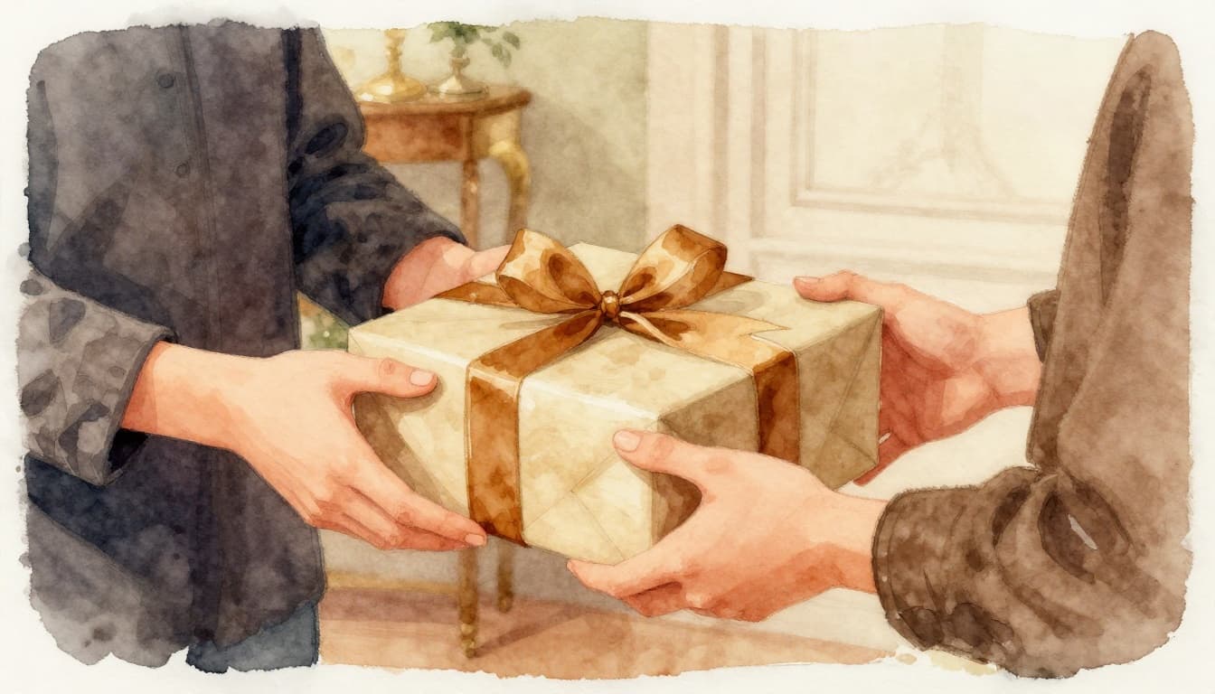 Watercolor illustration of two people at a social gathering, one politely receiving and holding an unopened wrapped gift box in an elegant room with warm lighting and earthy palette.