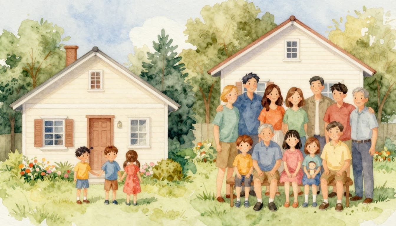 Split watercolor painting showing a happy nuclear family of four in a compact home on the left and a joyful extended family of ten in a larger house on the right, with soft blending, brush textures, even lighting, and warm palette totaling 14 people.