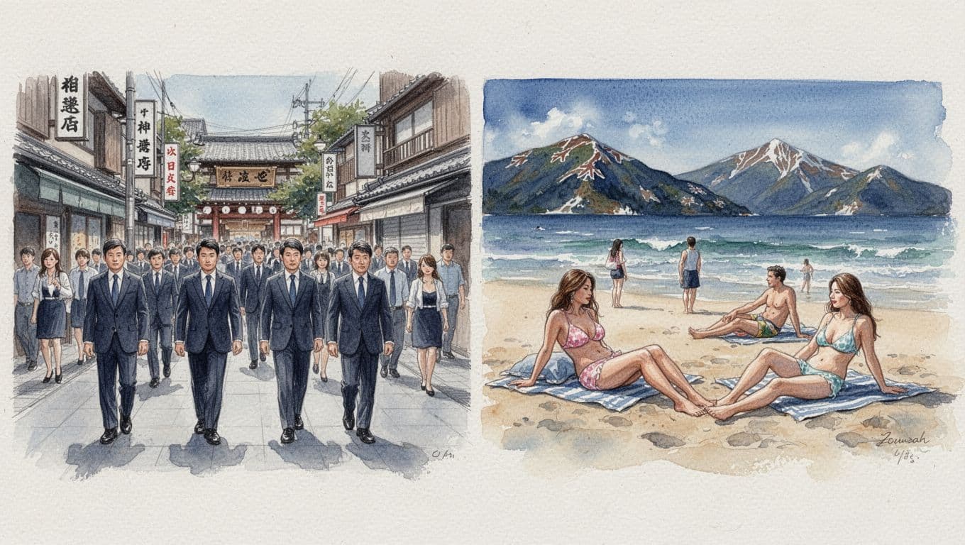 Watercolor painting contrasting tight, orderly Japanese street life on the left with relaxed, casual New Zealand beach scene on the right, using cool blues and earth tones with visible brush textures.