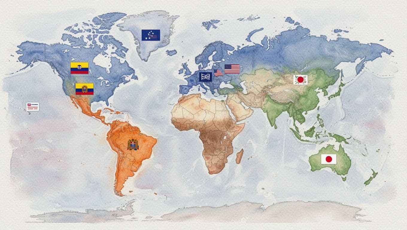 Soft pastel watercolor world map illustrates personal space differences: Latin America in warm oranges for close proximity, Northern Europe in cool blues for larger distances, Middle East in earth tones, Asia in balanced greens, with icons for Colombia, Romania, US, and Japan. Features visible brush strokes, soft blending, no text or labels, on a neutral background.