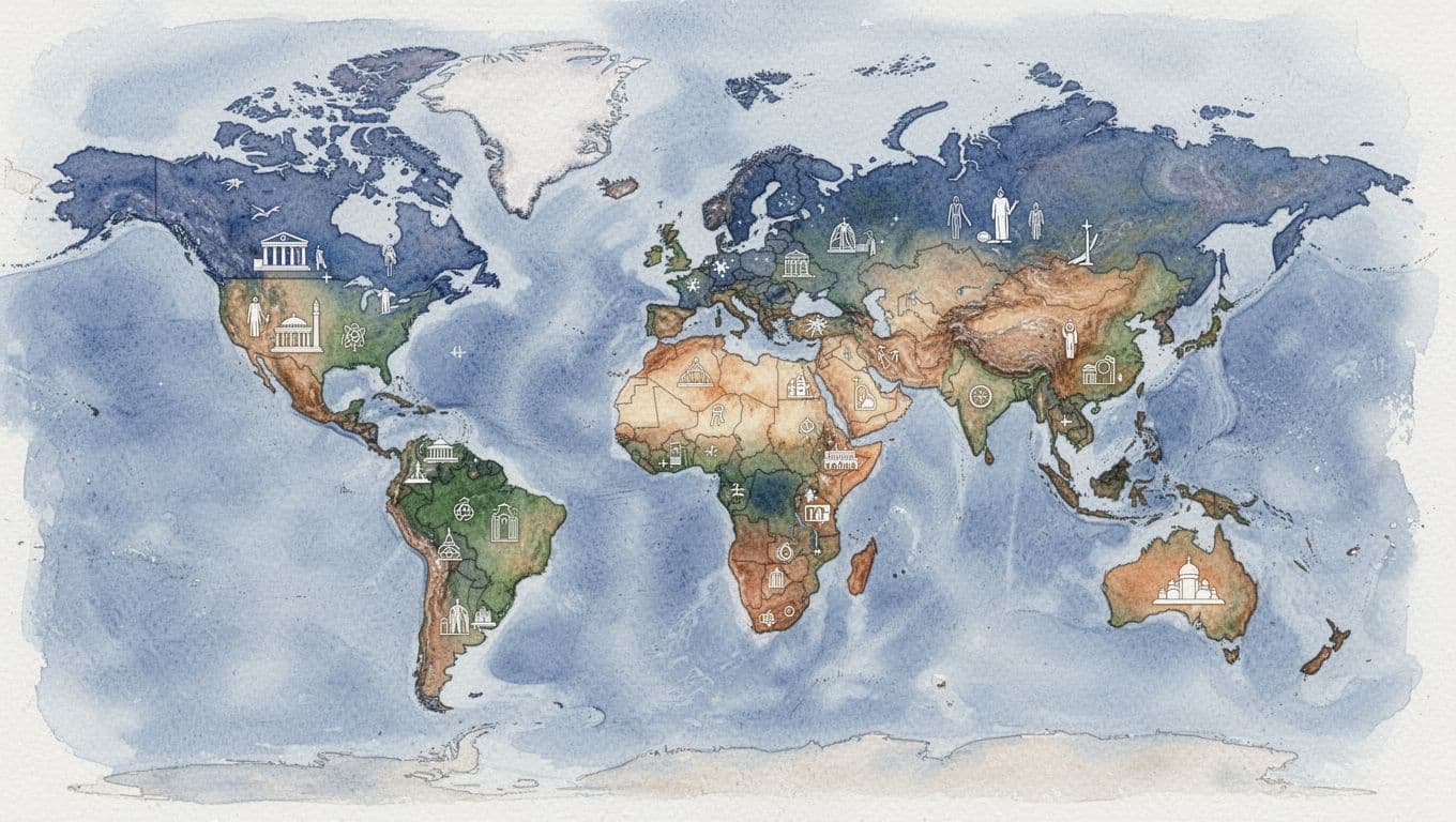Watercolor map of the world highlighting countries with varying social norm intensities using subtle icons for history, culture, and religion; features soft blending, visible brush texture in cool blues and earth tones, overhead view, no text labels, no people, clean composition.