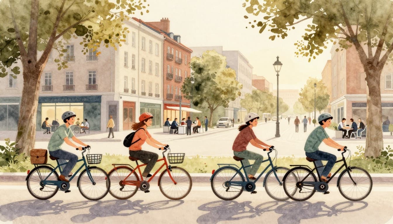 European workers in Germany cycling home through a sunny park in the early afternoon, contrasted with busy Chinese office workers at desks late at night under fluorescent lights, rendered in watercolor style.