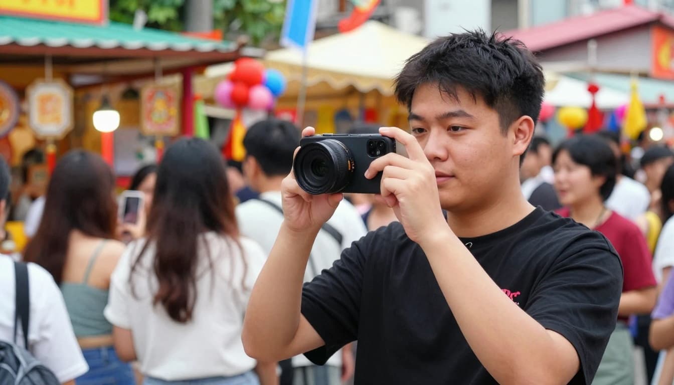 Mid-20s creator naturally posed filming short video with phone at vibrant cultural festival street market, medium shot in watercolor style with soft blending, brush textures, bright festive lighting, conveying energy and authenticity.